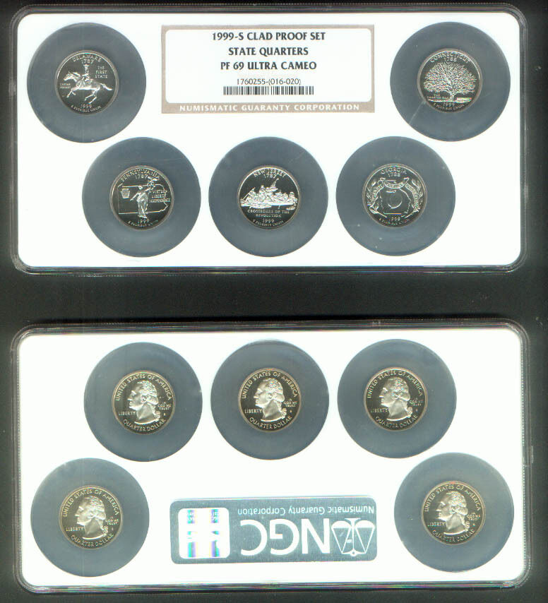 1st STATE QUARTER COLLECTION DE PA NJ GA CT 1999-S PROOF 69 ULTRA CAMEO  5 COINS