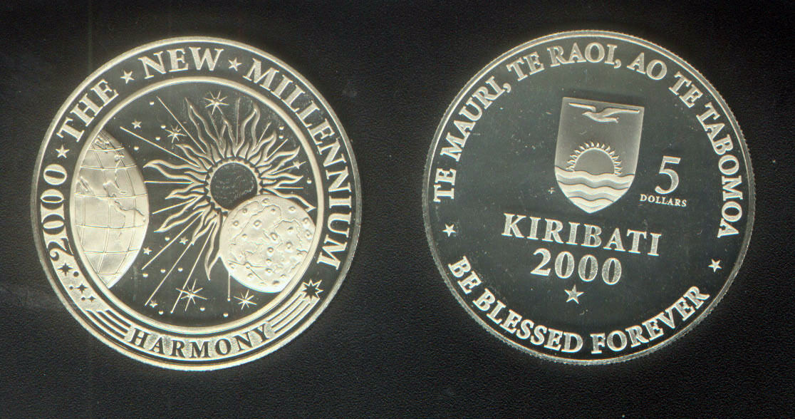 KIRIBATI PROOF 5 DOLLAR COIN 2000 MILLENNIUM HARMONY EARTH MOON SUN BE BLESSED