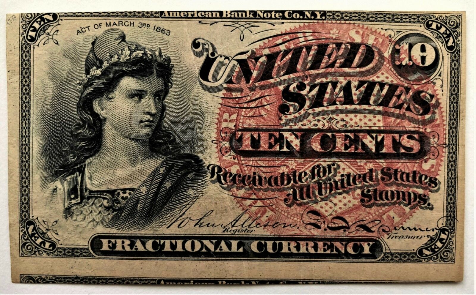 10¢ US FRACTIONAL of 1869 SPECTACULAR MIS - CUT FRONT ERROR NATIONAL BNC to ABNC