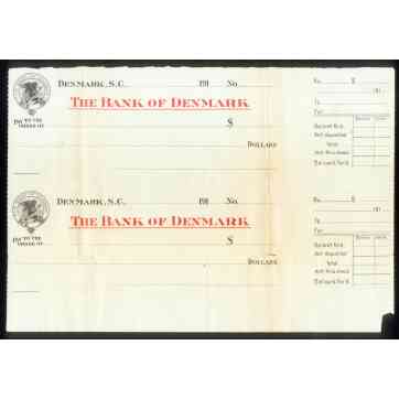 BANK of DENMARK ( SOUTH CAROLINA ) 1911 - 1919 UNCUT CHECK SPECIMEN CONFEDERATE