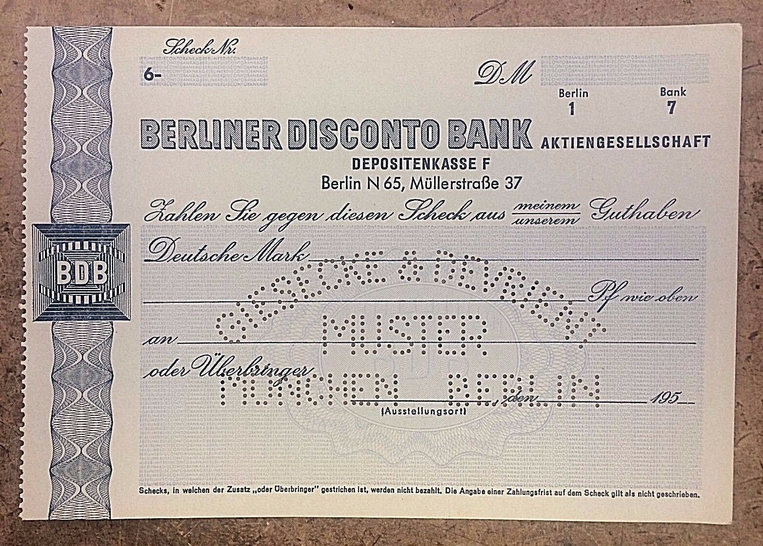 GERMANY BERLINER DISCONTO BANK CHECK SPECIMEN MUSTER - MUNICH BERLIN GIESECKE