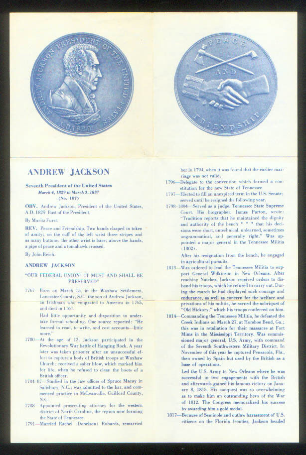 ANDREW JACKSON 1829 LARGE FORMAT U.S. MINT MEDAL # 107 with ORIGINAL INFO SHEET