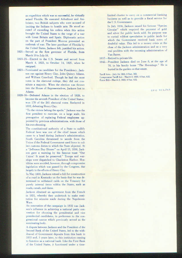 ANDREW JACKSON 1829 LARGE FORMAT U.S. MINT MEDAL # 107 with ORIGINAL INFO SHEET