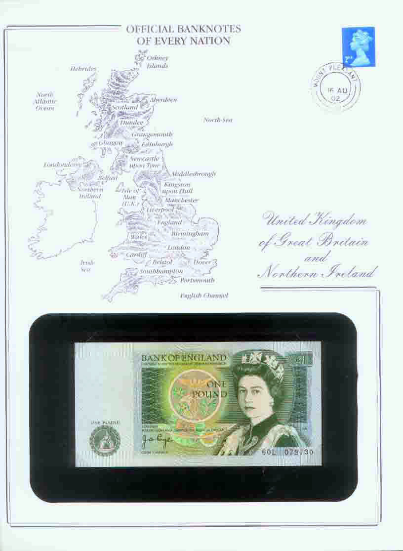 BRITAIN ENGLAND IRELAND BANK NOTE £ 1 STAMPED WINDOWED ENVELOPE with MAP & INFO
