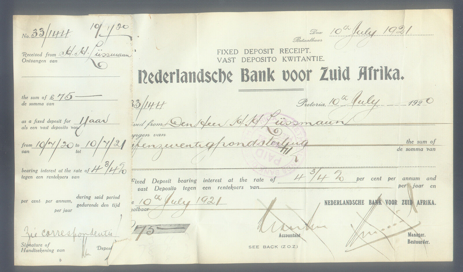 SOUTH AFRICA NEDERLANDSCHE BANK FIXED DEPOSIT RECEIPT 1920 w COUNTERFOIL NEDBANK