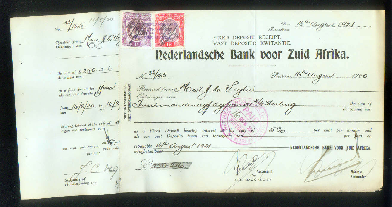 SOUTH AFRICA NEDERLANDSCHE BANK FIXED DEPOSIT RECEIPT 1920 w COUNTERFOIL NEDBANK
