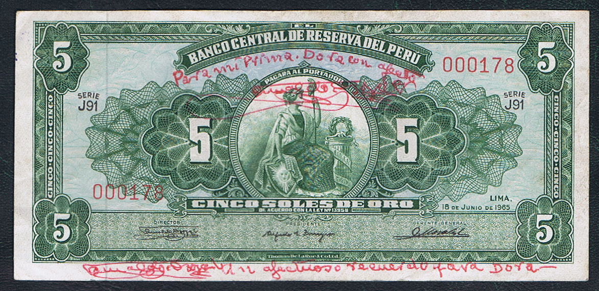 PERU 5 GOLD SOLES HAND SIGNED by BANK DIRECTOR on LOW SERIAL # 000178 of 1965