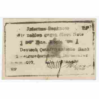 WWI GERMAN EAST AFRICA 1 RUPIE of 1917 EP ROSENBERG # 598 with BLEED THRU INK AU