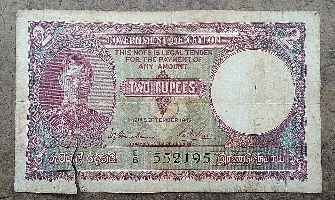 CEYLON 2 RUPEES PICK # 35 WWII DATED 9/19 1942 with CHINA BAY POSTMARK of 1944