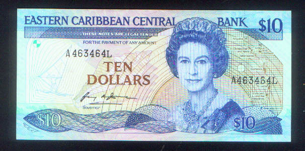 EASTERN CARIBBEAN ST. LUCIA $10 NOTE 1985 PICK # 23L1 UNC with CENTER FOLD = AU
