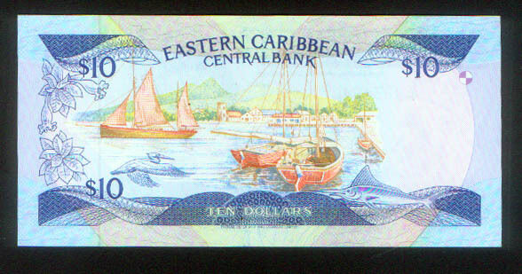 EASTERN CARIBBEAN ST. LUCIA $10 NOTE 1985 PICK # 23L1 UNC with CENTER FOLD = AU