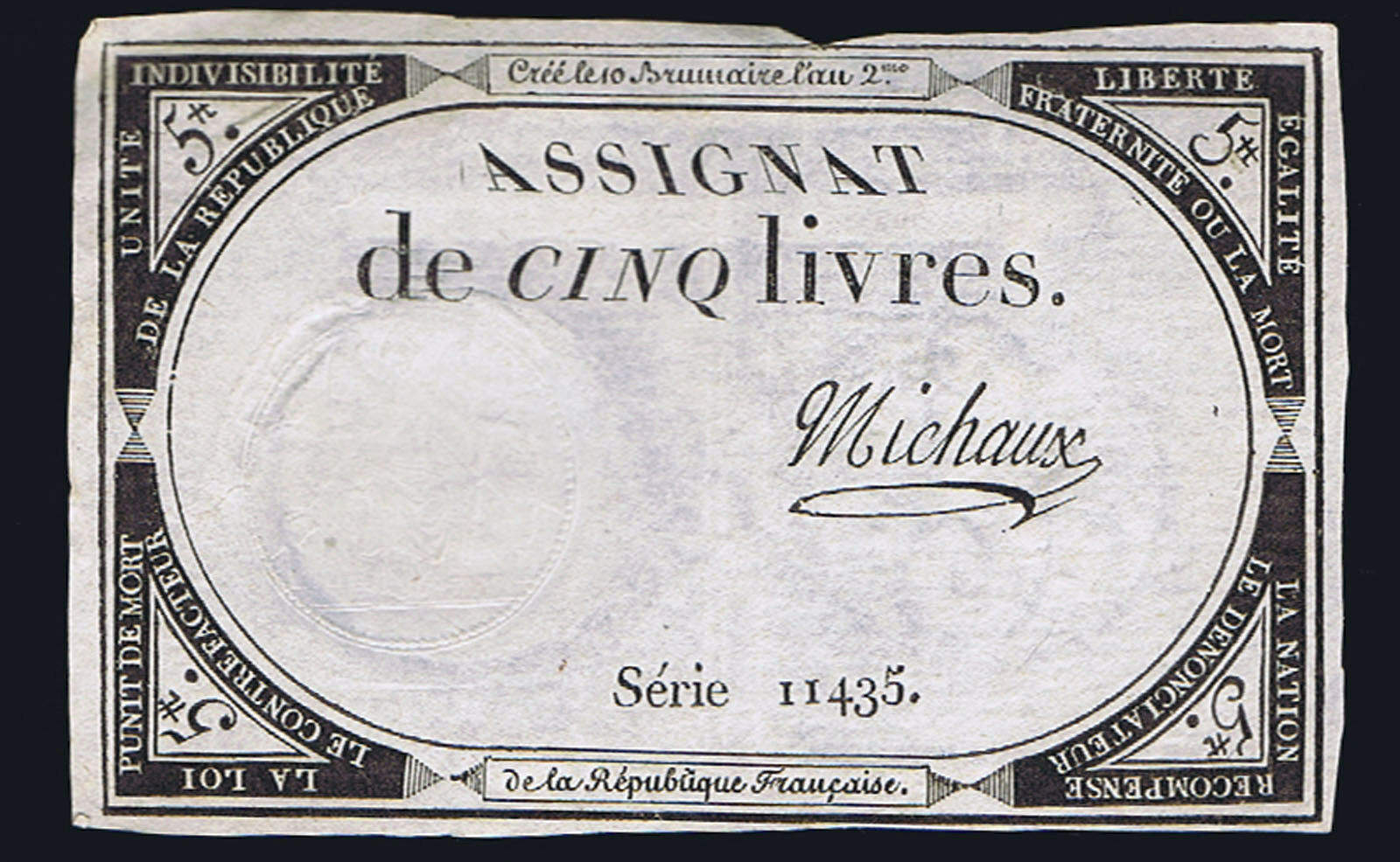 FRANCE REVOLUTIONARY 5 LIVRES of 1793 SIGNED BOTANIST ANDRE MICHAUX HIGH GRADE