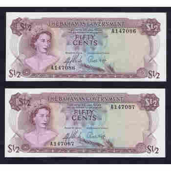 CONSECUTIVE BAHAMAS $1/2 FIFTY CENTS QUEEN ELIZABETH II P 17a SIGNED SANDS HIGGS