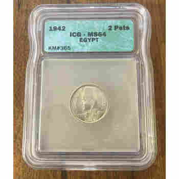 EGYPT 1942 ICG SLABBED & GRADED MS ( MINT STATE ) 64 SILVER 2 PIASTRES KM # 365