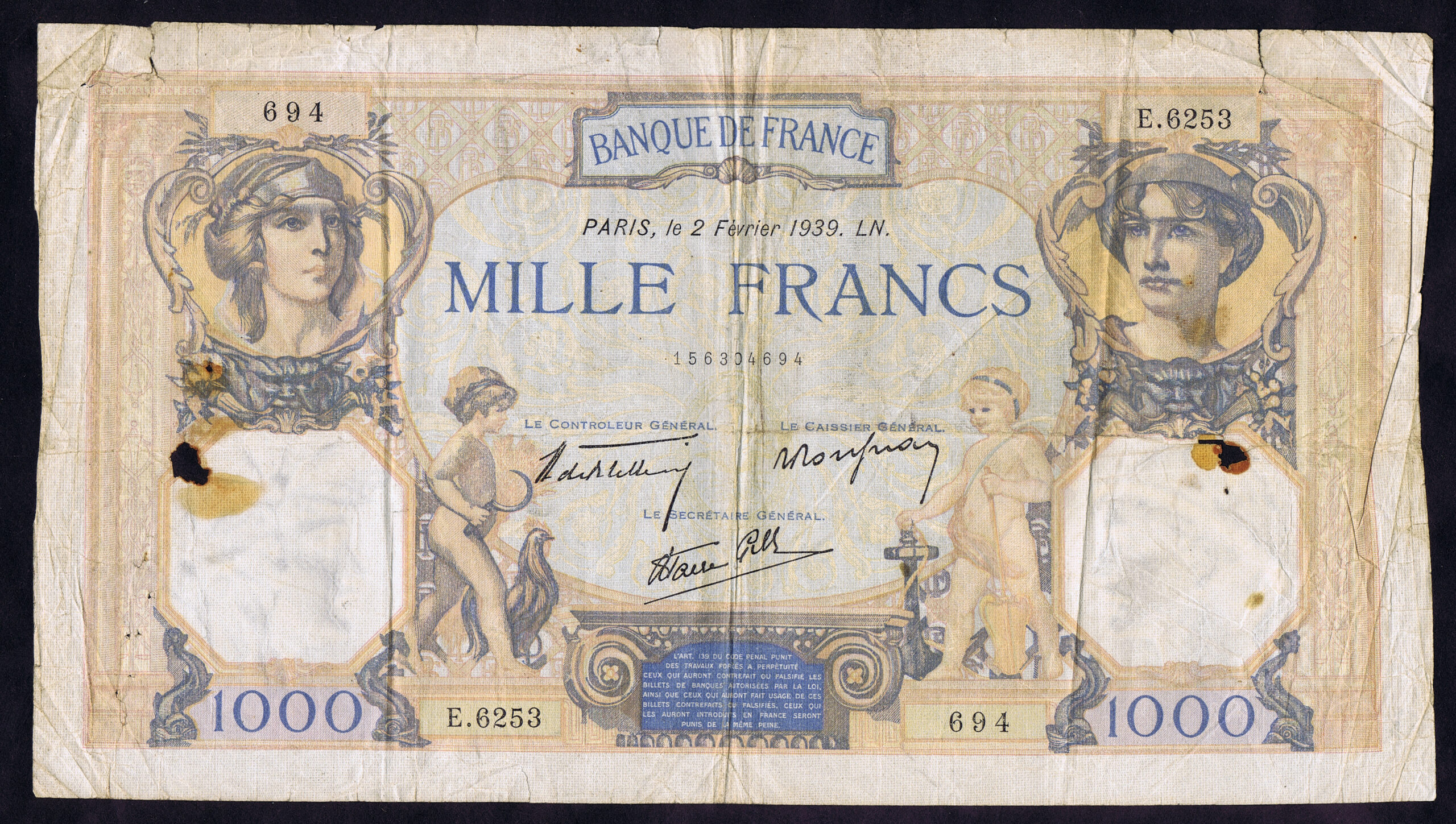1000 Francs of 1939 WWII Large Format Banknote