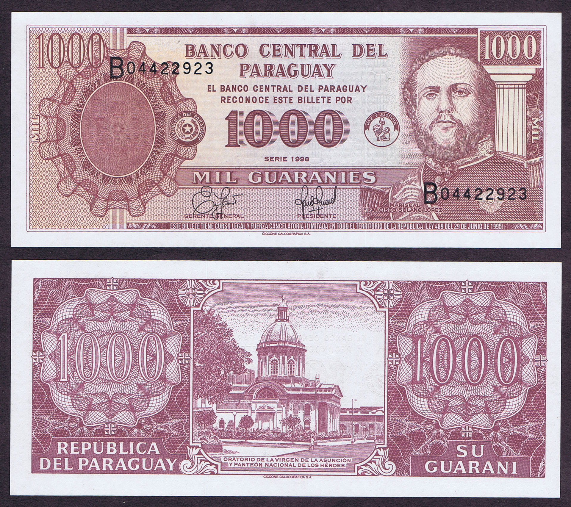 WAR of the TRIPLE ALLIANCE (PARAGUAY vs. ARGENTINA, BRAZIL & URUGUAY) LEADER FRANCISCO SOLANO LOPEZ on 1000 GUARANIES NOTE of 1998