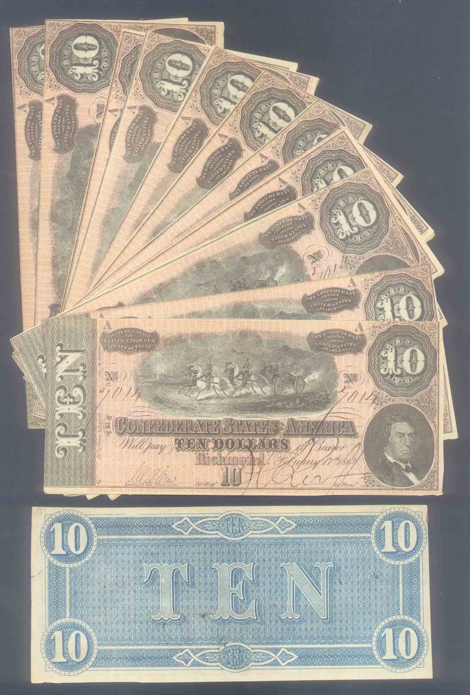 15 (YES 15) CONSECUTIVE 1864 CONFEDERATE $10 HORSES CANNONS HI GRADE A PLATE CSA