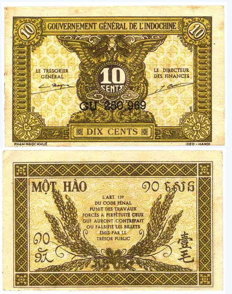 WORLD WAR II FRENCH INDO CHINA (CAMBODIA, LAOS & VIETNAM) 10 CENTS BANK NOTE of 1942