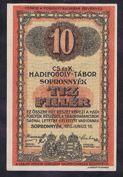 WORLD WAR I HUNGARIAN PRISONER of WAR CAMP 'SOPRONYEK' for RUSSIAN and ROMANIAN OFFICERS - 10 FILLER NOTE
