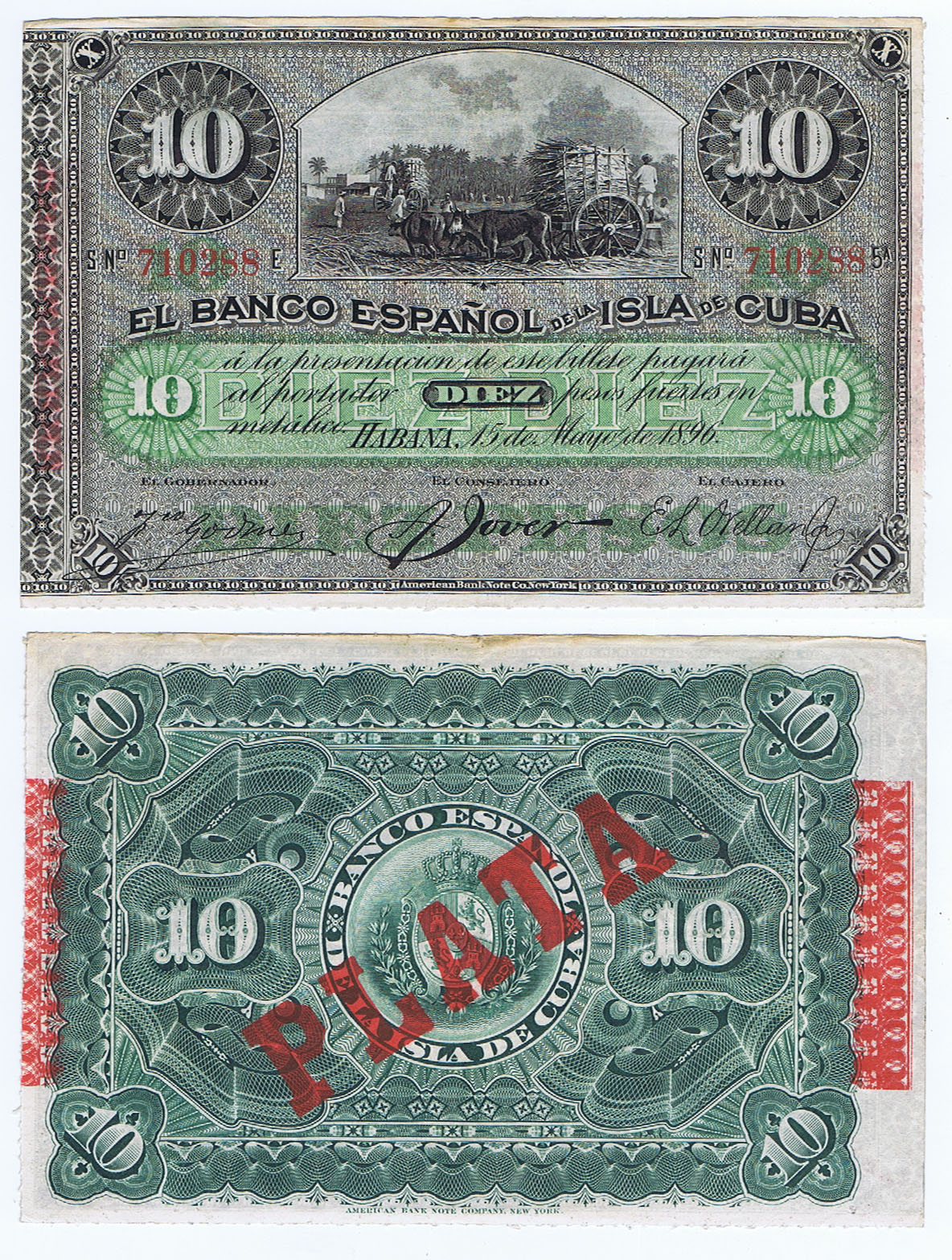 The SPANISH ISLAND of CUBA 1896 10 PESOS with SILVER (PLATA) OVERPRINT