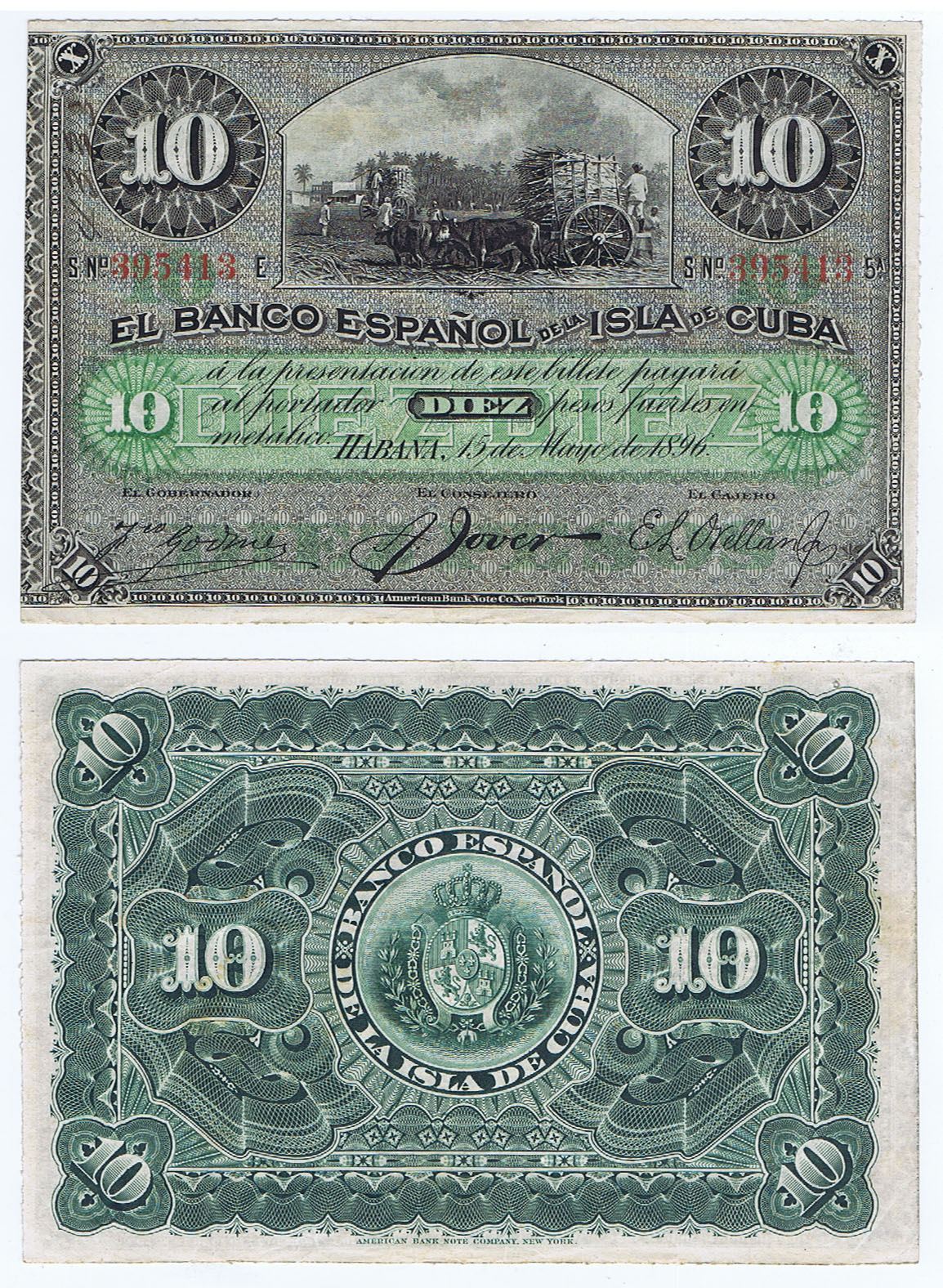The SPANISH ISLAND of CUBA 1896 10 PESOS