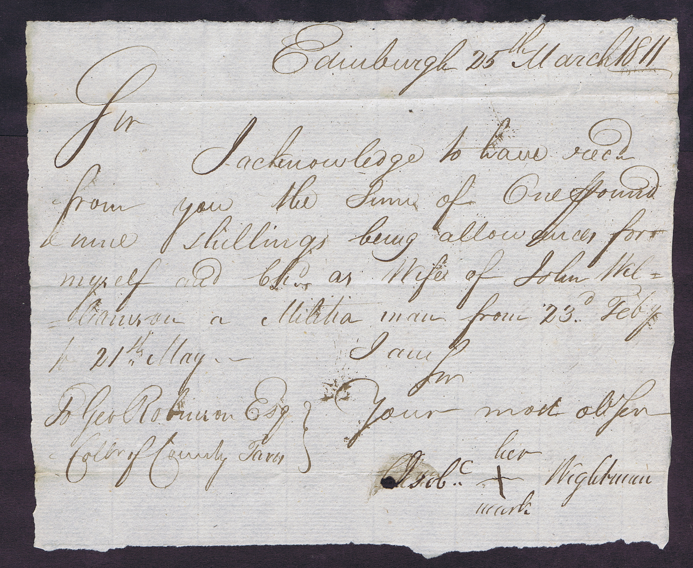 SCOTLAND PAY WARRANT RECEIPT for MILITIA MAN in NAPOLEONIC WARS 3/25/1811