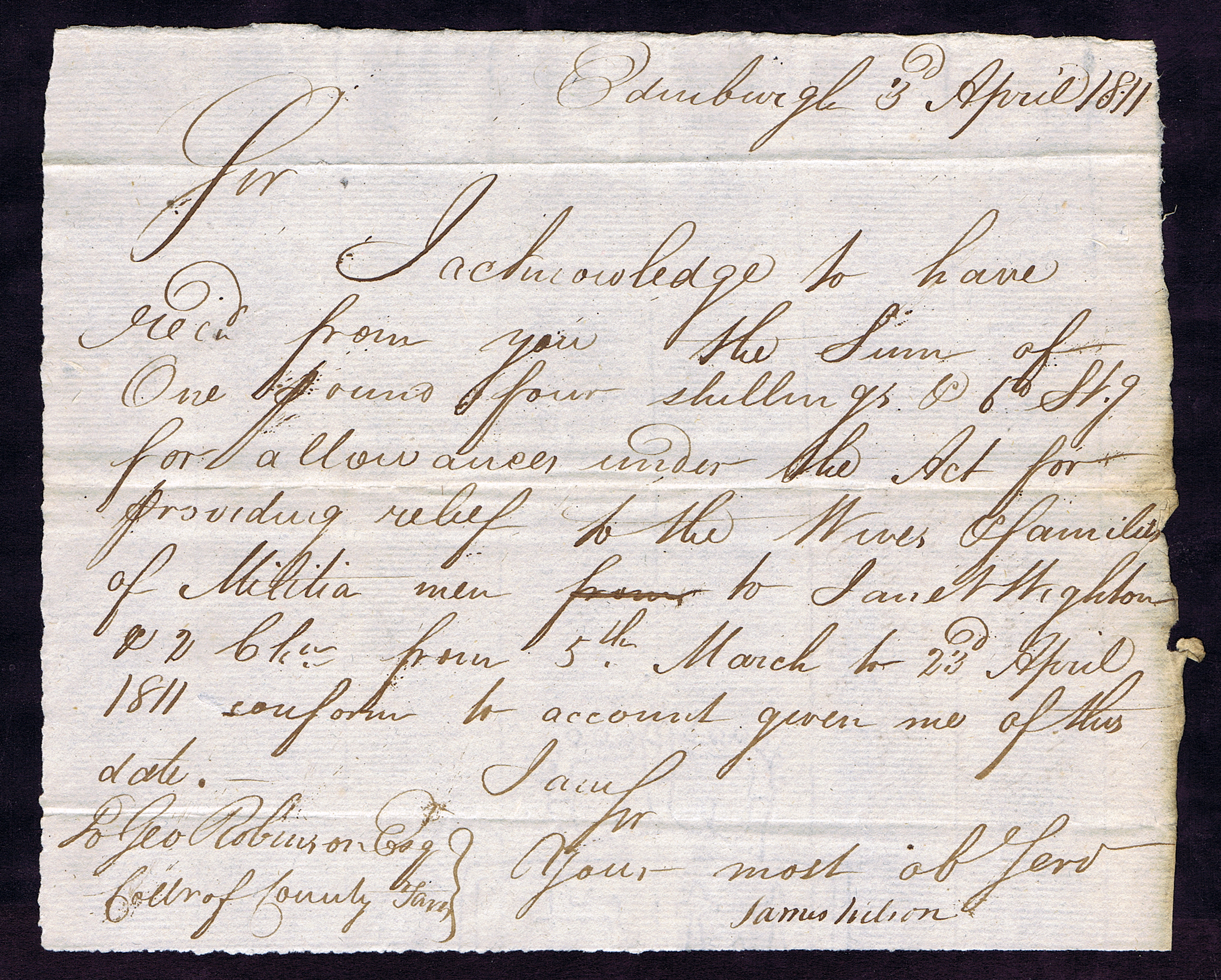 SCOTLAND PAY WARRANT RECEIPT for MILITIA MAN in NAPOLEONIC WARS 4/3/1811