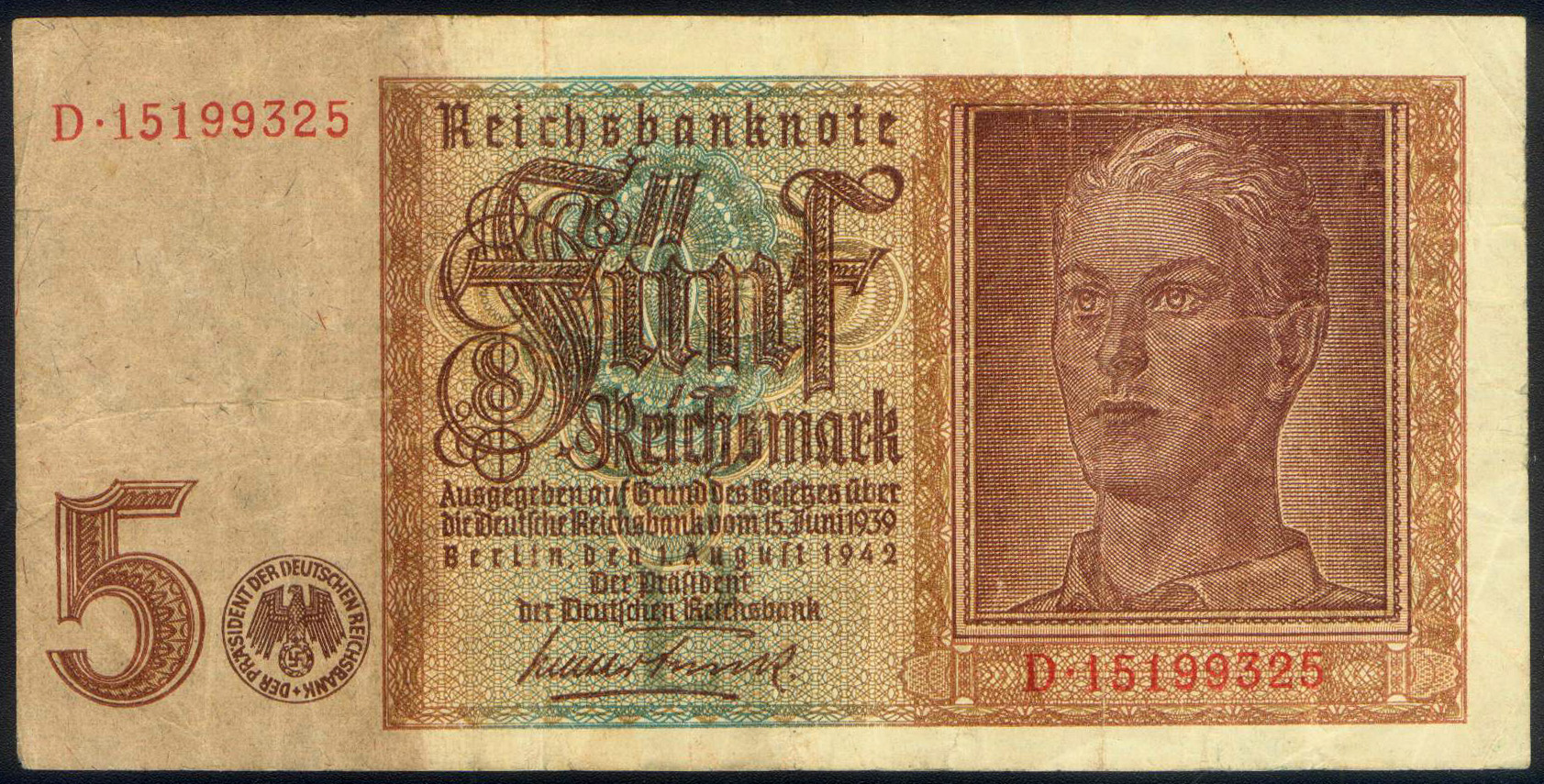 WORLD WAR II GERMANY ERROR (UPSIDE DOWN WATERMARK) on 5 REICHSMARK of 1942