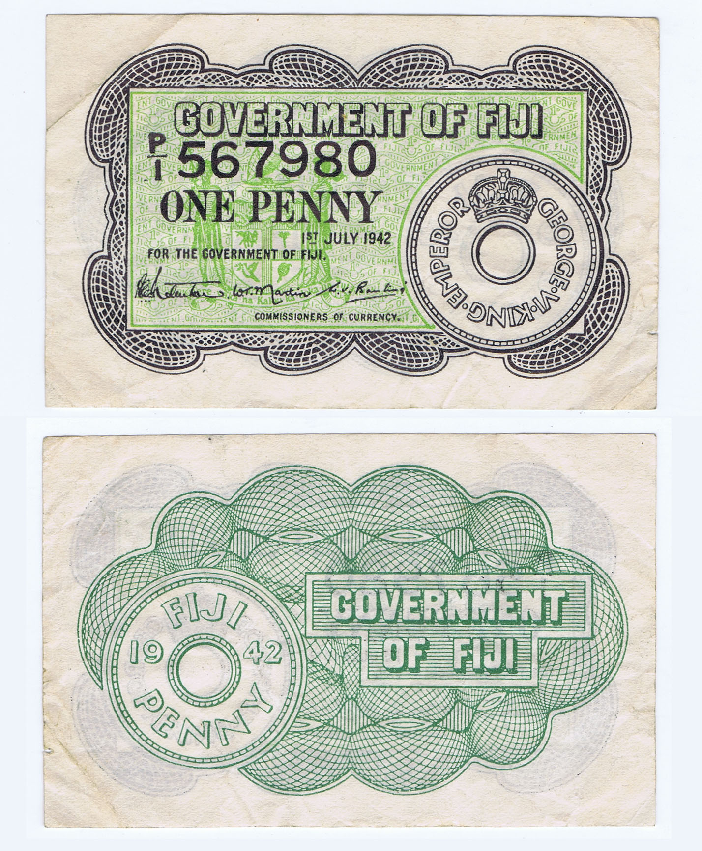 FIJI WWII EMERGENCY 1 PENNY PAPER MONEY ISSUED 1942