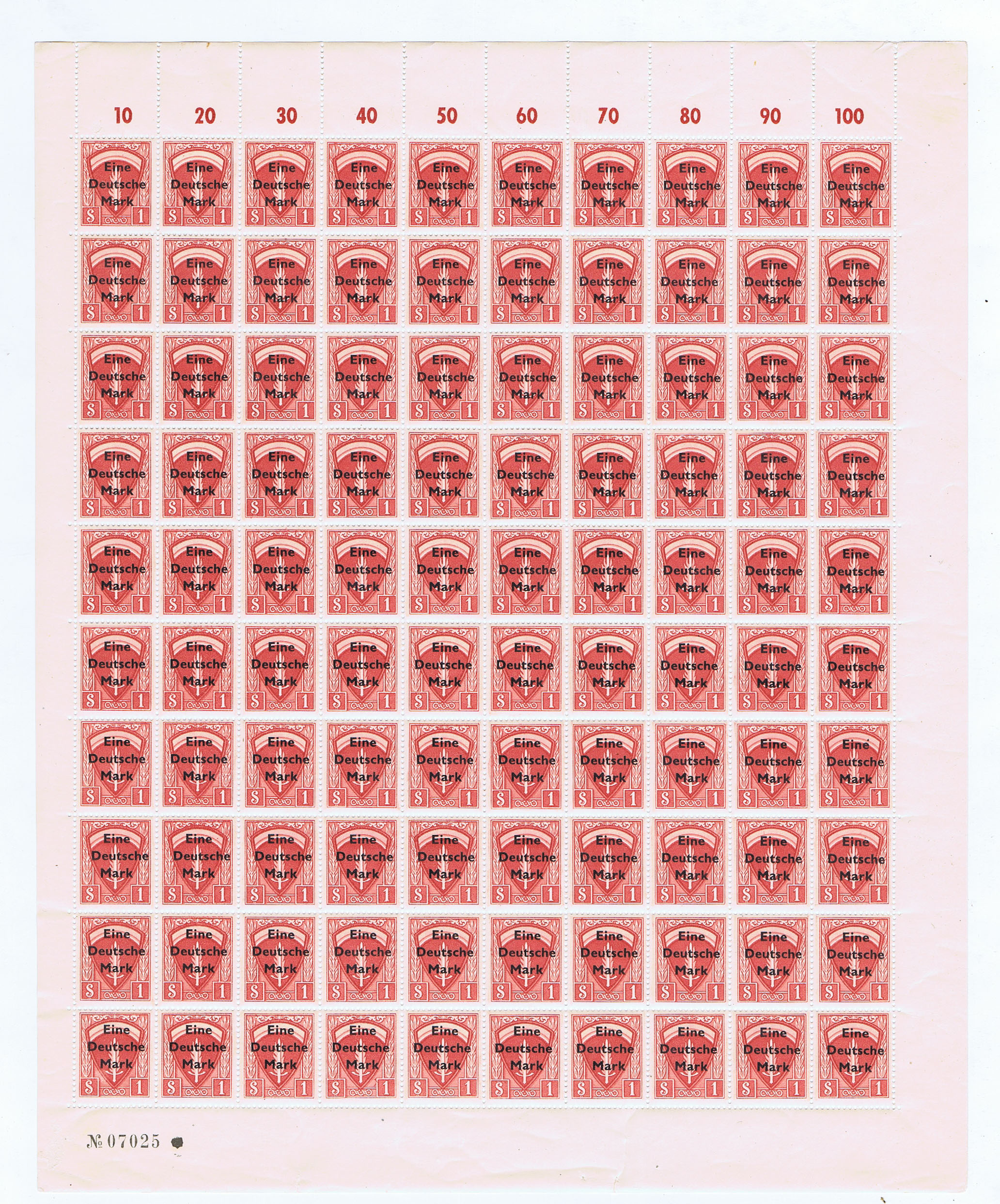 THREE COMPLETE SHEETS of 100 SUPREME HQ ALLIED EXPEDITIONARY FORCES ISSUED STAMPS ( 1, 2 & 4 DEUTSCHE MARKS )