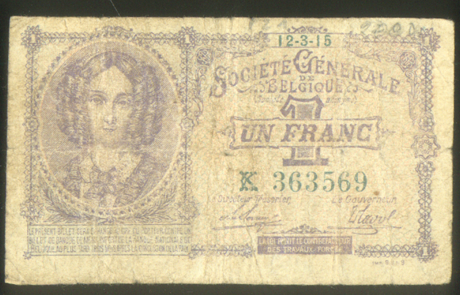 BELGIUM 1 FRANC of 1915 GERMAN OCCUPATION FIRST TYPE WWI