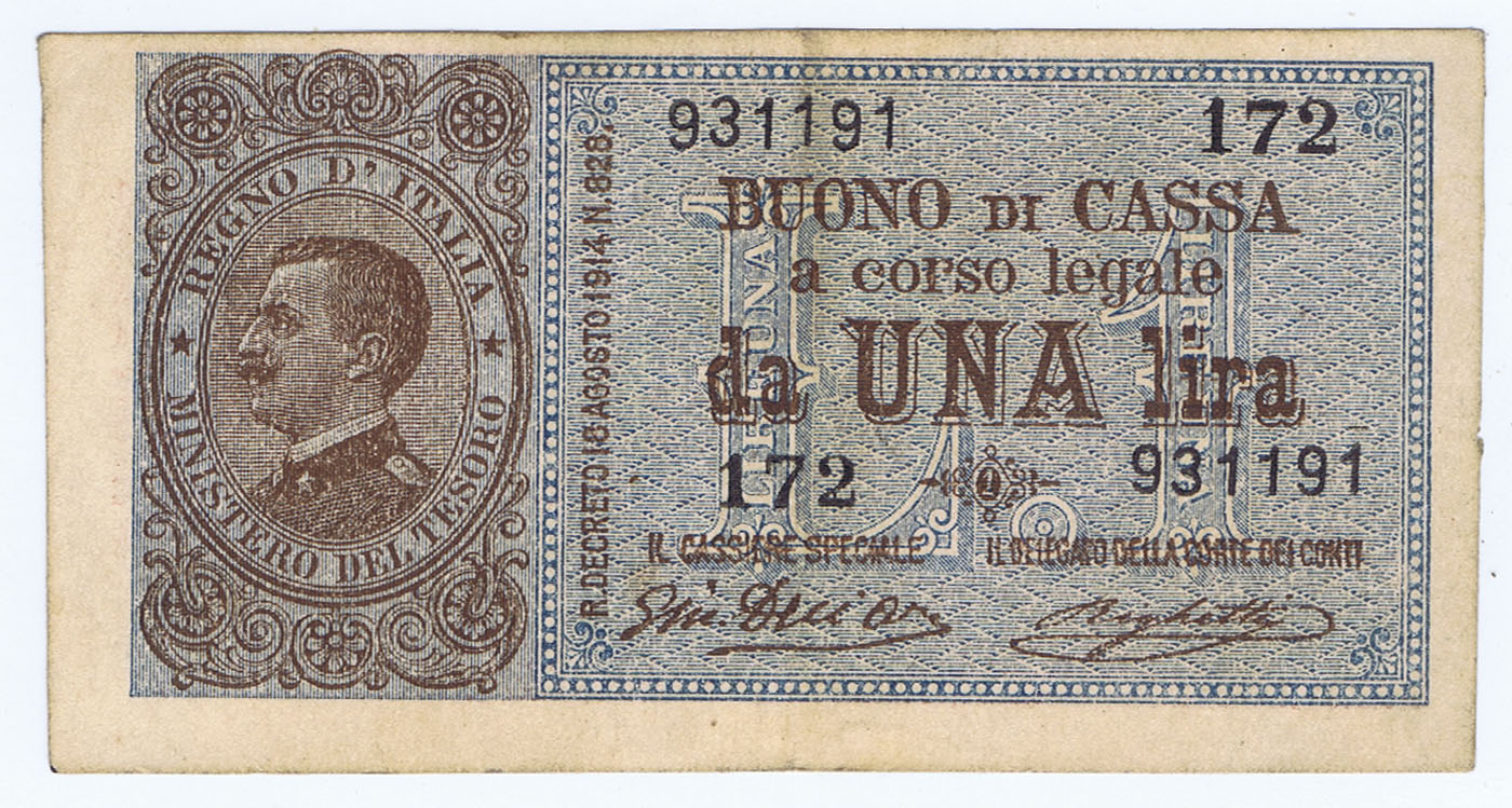 ITALY LOWEST DENOMINATION (1 LIRE) BANKNOTE of WWI MISCUT (BOTH SIDES)