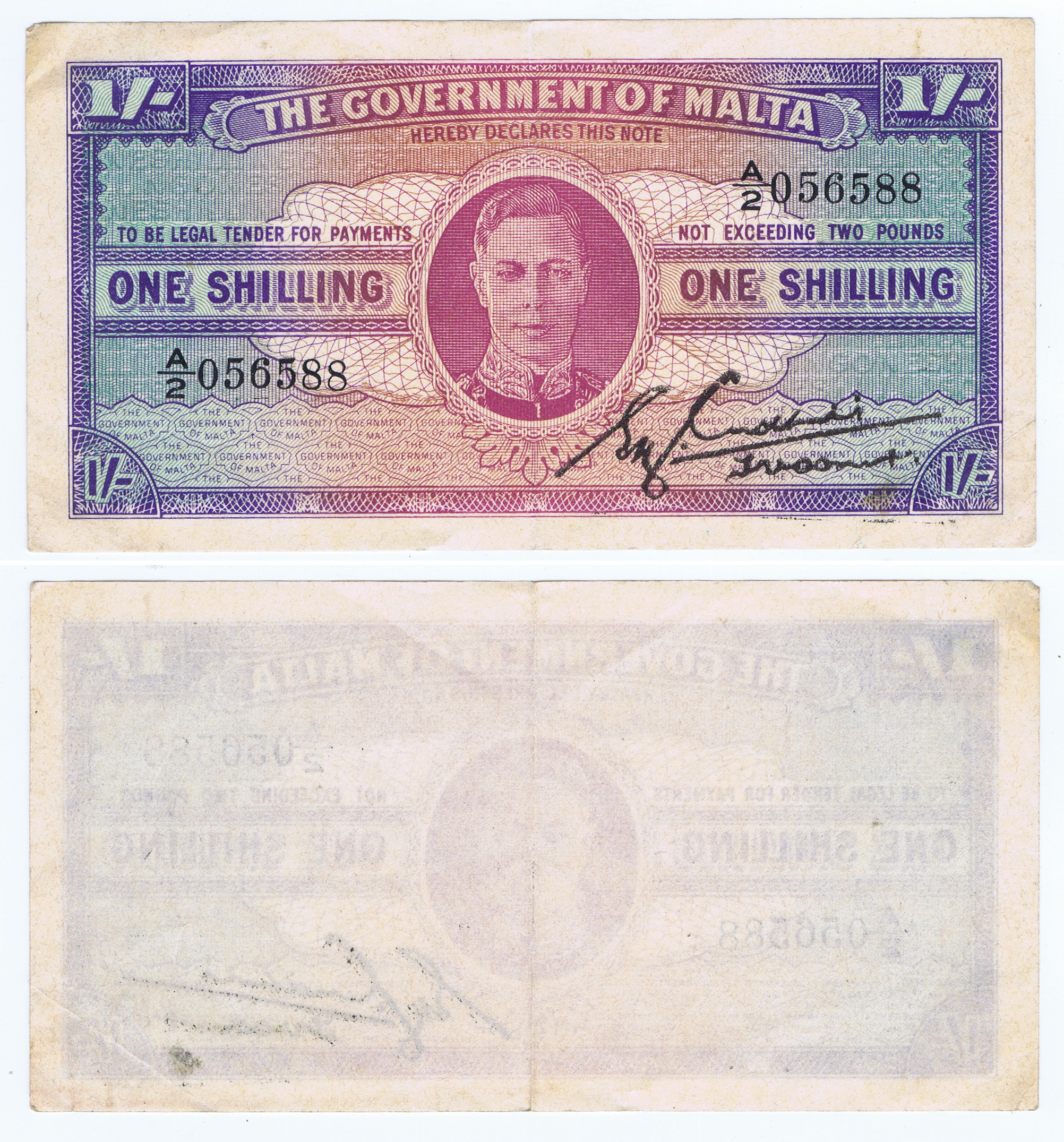 MALTA ONE SHILLING of WORLD WAR II with KING GEORGE PORTRAIT (UNIFACE=1 SIDED)