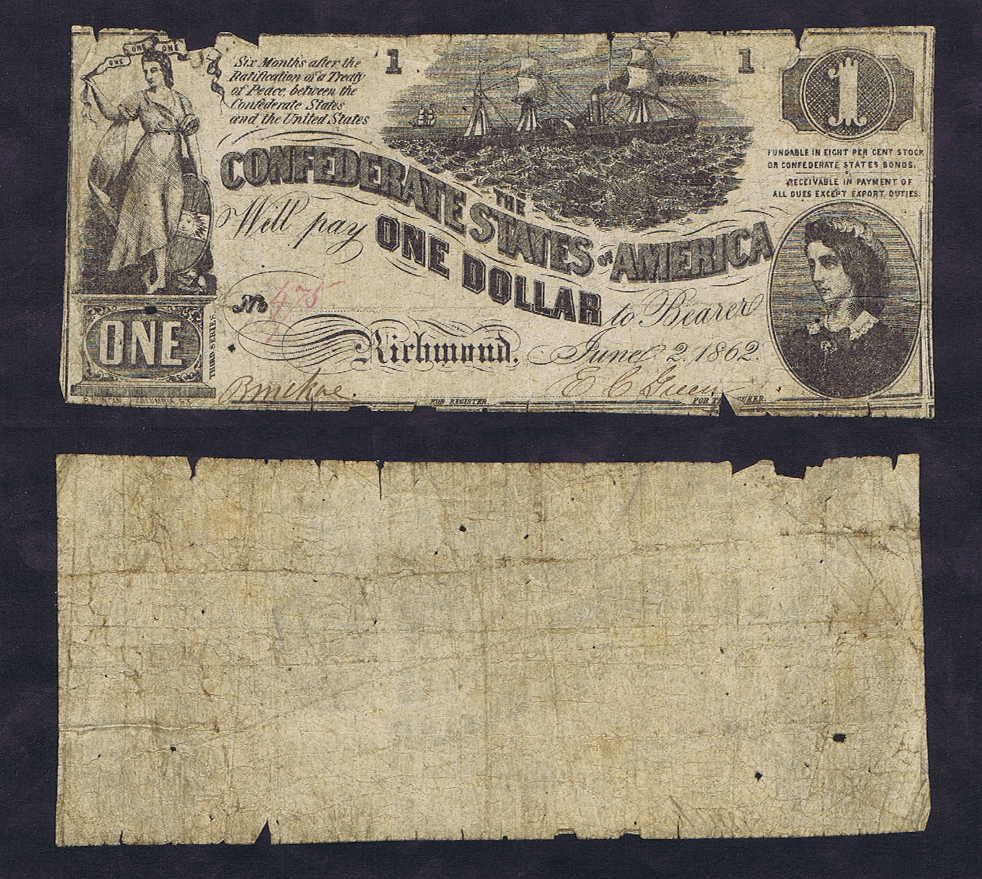 RIDICULOUSLY LOW SERIAL # 475 on $1 CONFEDERATE LUCY PICKENS of 1862