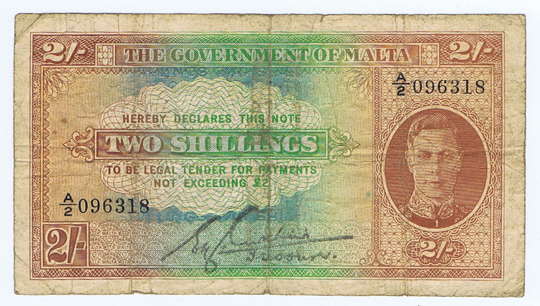 MALTA TWO SHILLING of WORLD WAR II with KING GEORGE PORTRAIT (UNIFACE=1 SIDED)