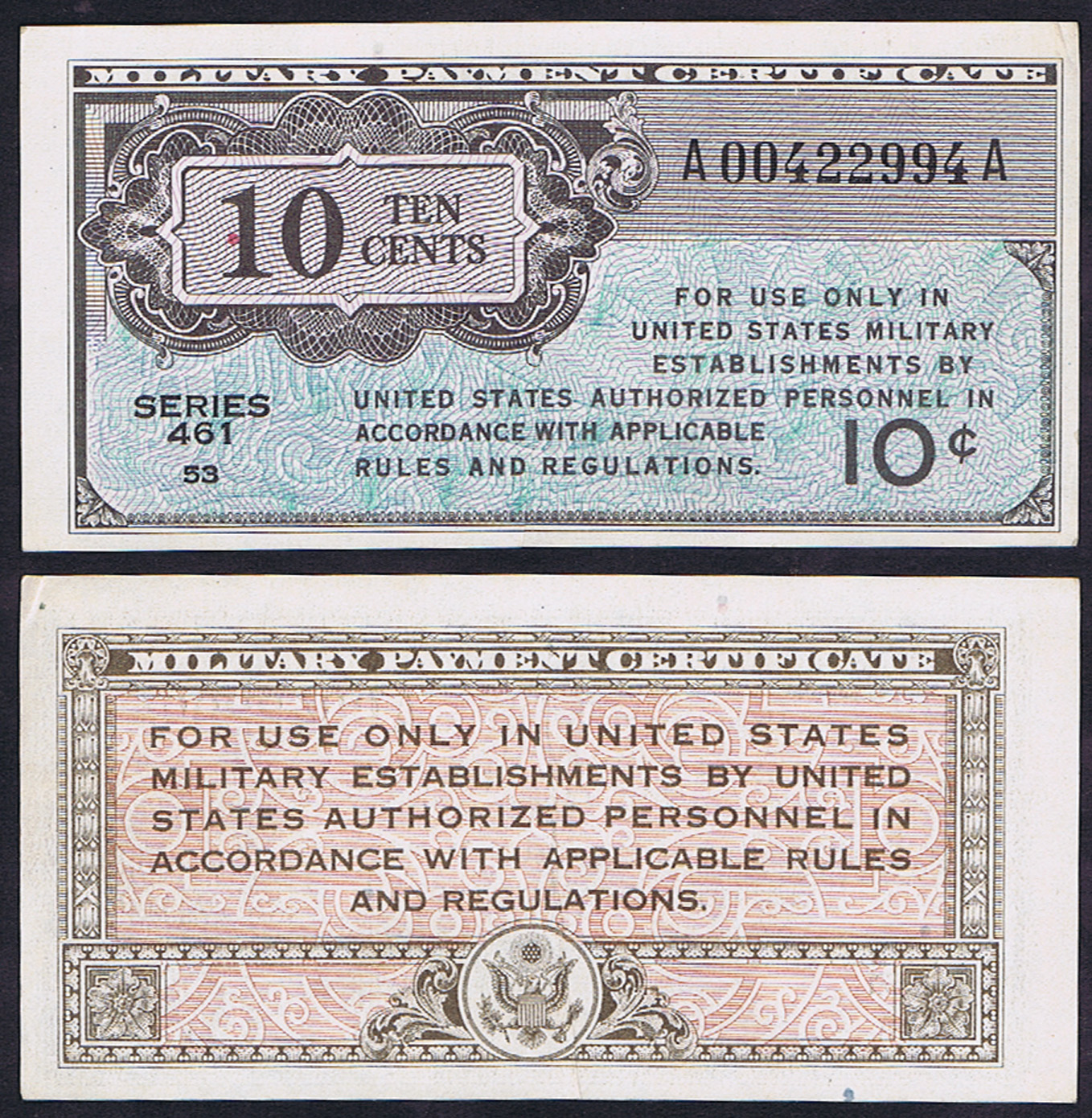 MILITARY PAYMENT CERTIFICATES - SERIES 461 - Mis Registered 10 Cent