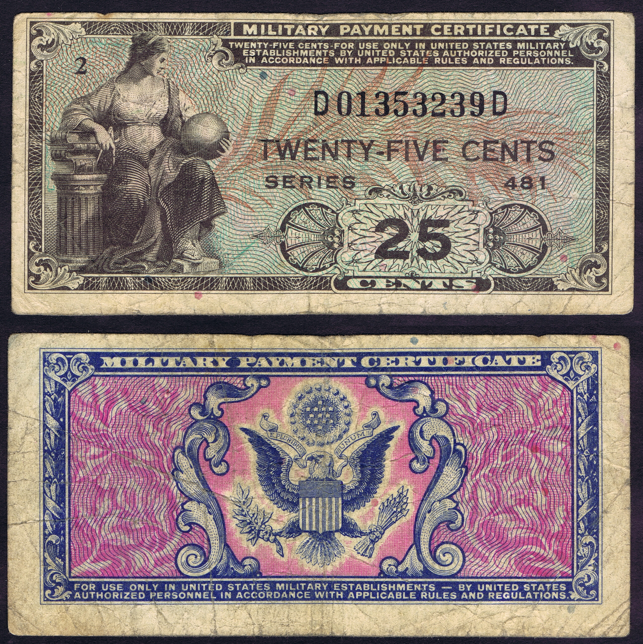 MILITARY PAYMENT CERTIFICATES - SERIES 481 - Mis Registered 25 Cent