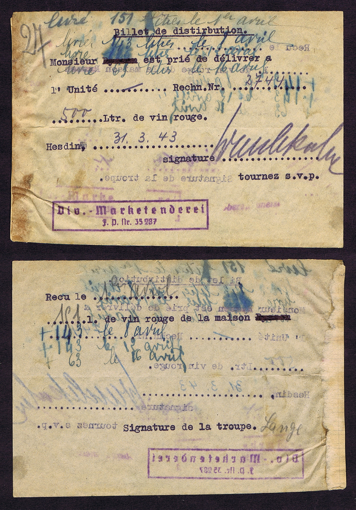 500 LITER (3/31/1943) WWII FRANCE - GERMANY ARMY RED WINE REQUISITION RECEIPT