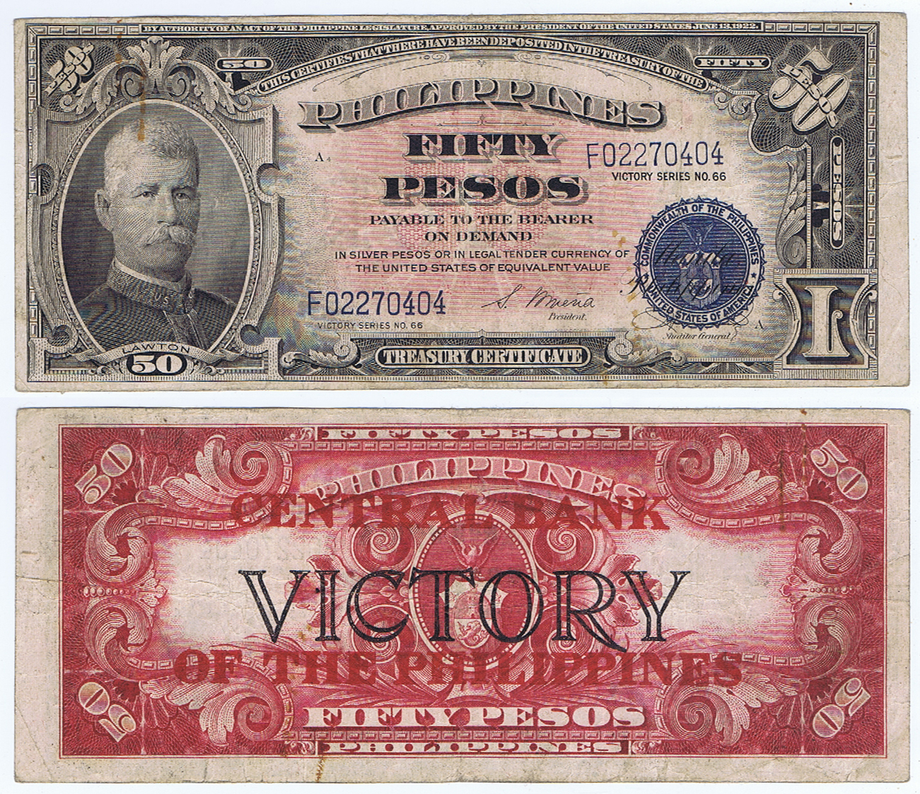 WORLD WAR II VICTORY CELEBRATION NOTES for MacArthur's RETURN to the PHILLIPINES FIFTY PESOS