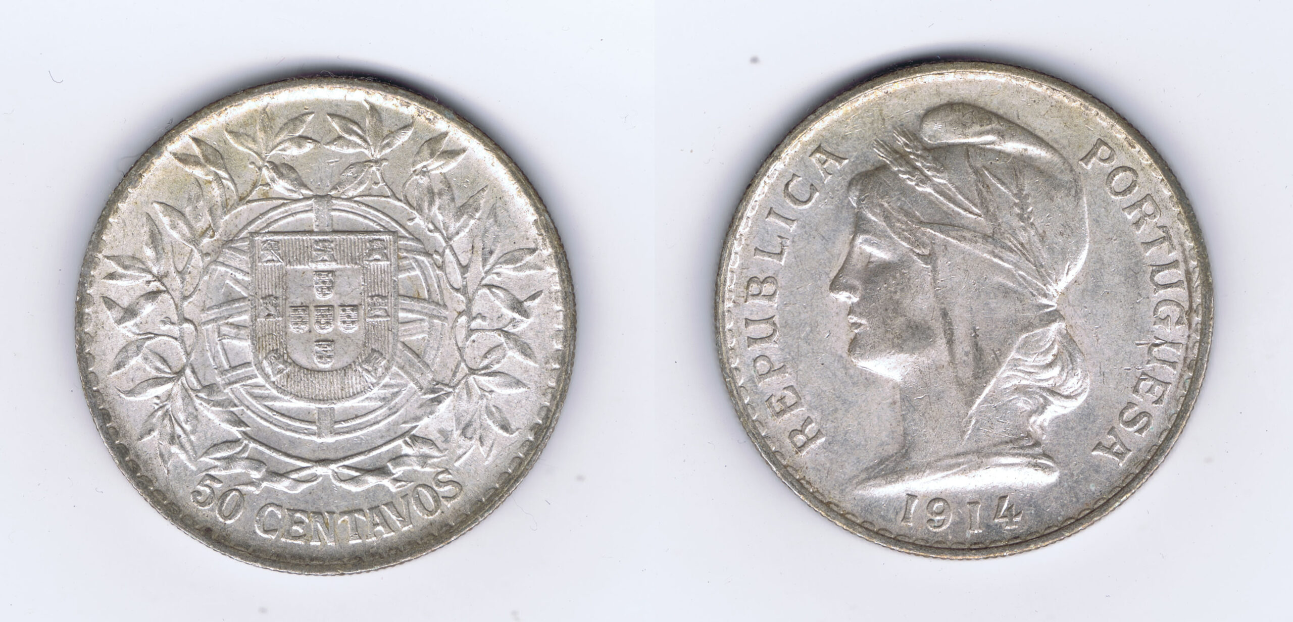 WORLD WAR I DATED (1914) SILVER PORTUGAL COIN for 50 CENTAVOS
