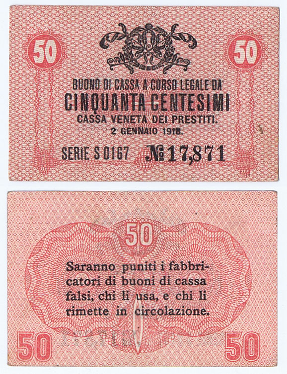 ITALIAN 50 CENTISIMI MINI NOTE of MAY 1918 - WAR with AUSTRIA