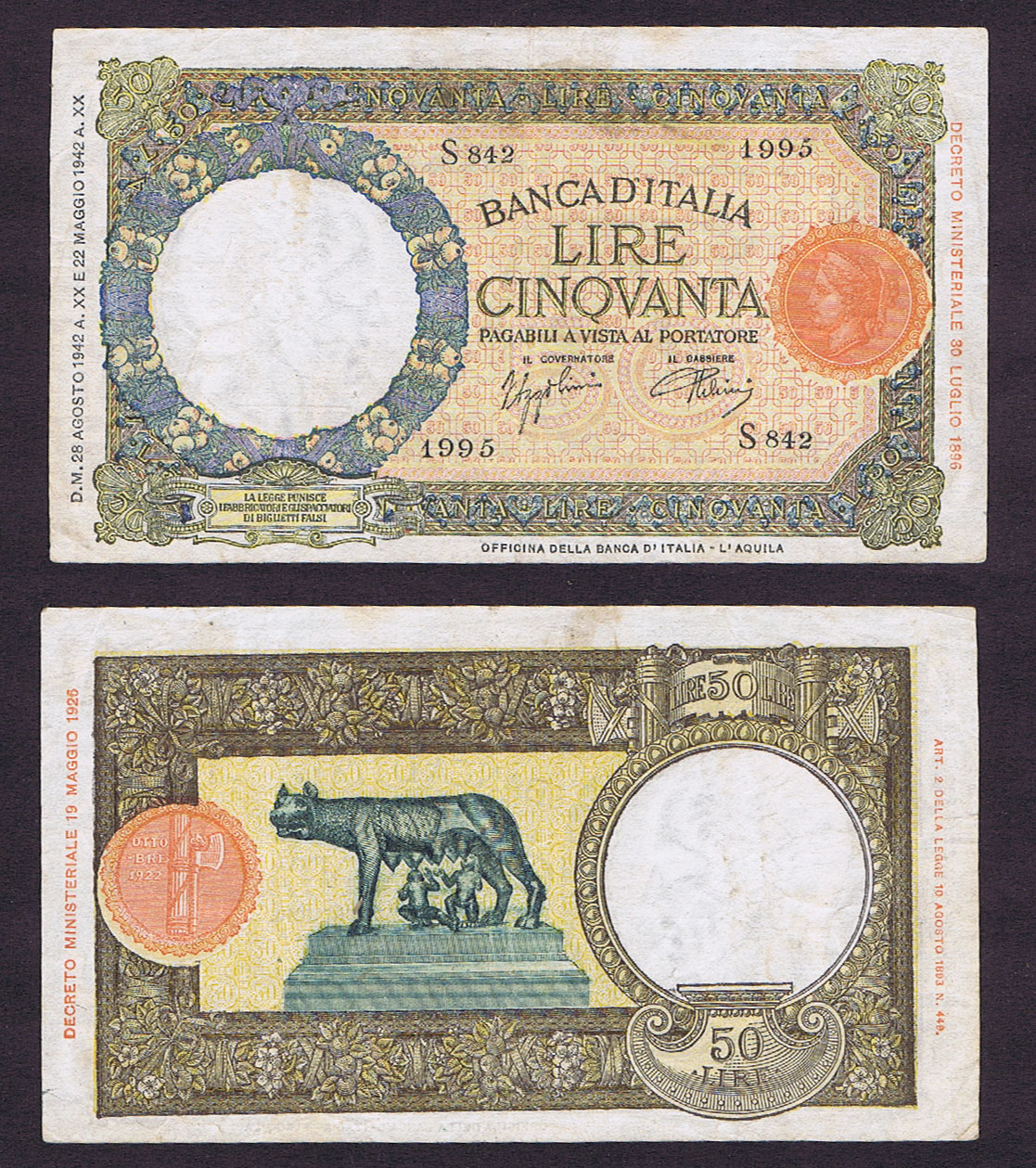 WARTIME ITALY 50 LIRE MAY 1942 / 1943 WOLF, ROMULUS & REMUS NOTE