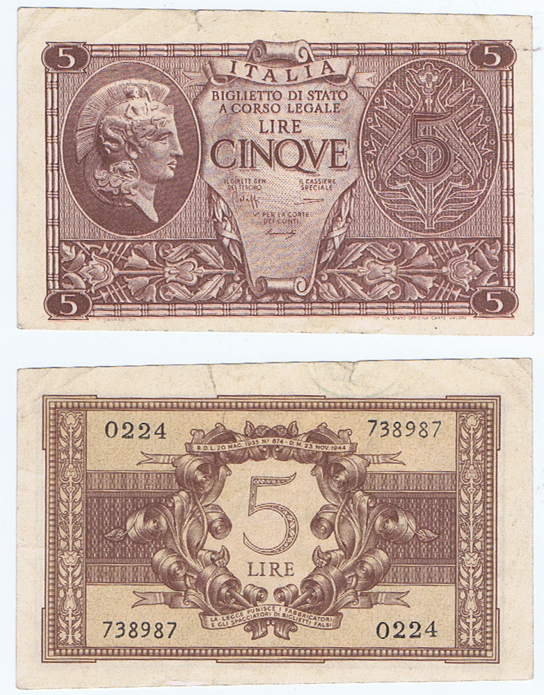 ITALY 5 LIRE SIGNED BOLAFFI - MISREGISTERED ERROR