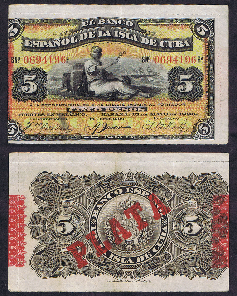 The SPANISH ISLAND of CUBA 1896 MISCUT ERROR on 5 PESOS with SILVER (PLATA) OVERPRINT
