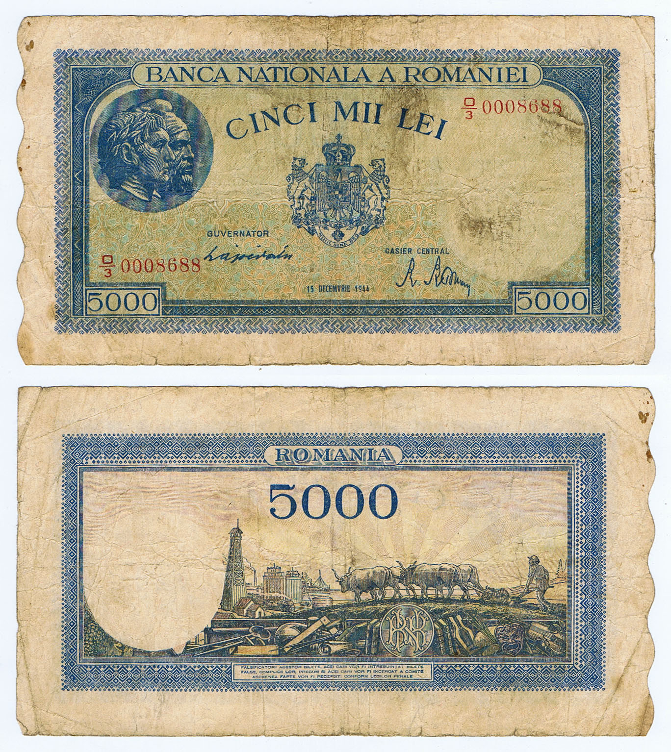 ROMANIA ALIGNED with the NAZIS of WORLD WAR II - 5000 LEI of 1944