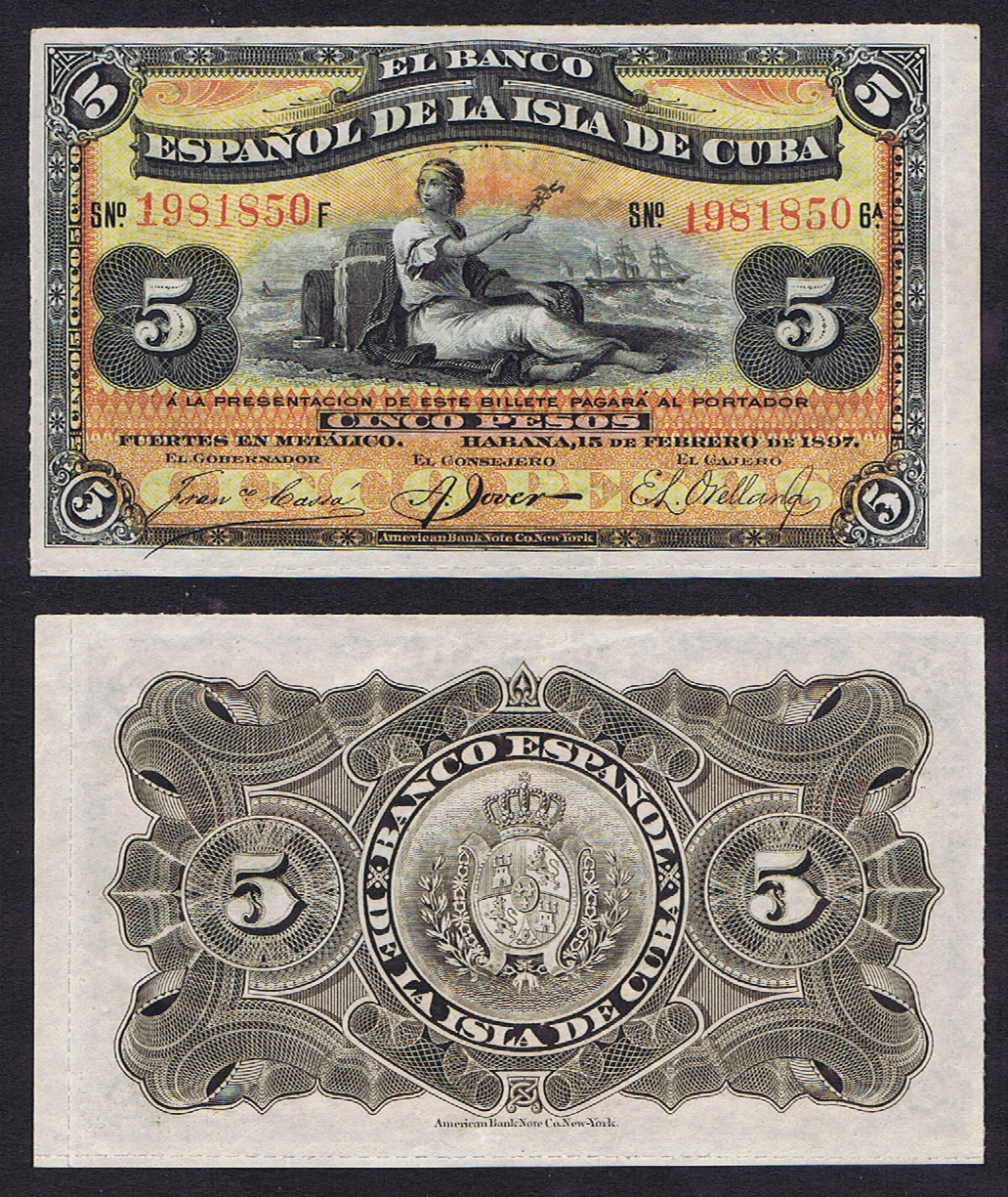 The SPANISH ISLAND of CUBA 1896 5 PESOS