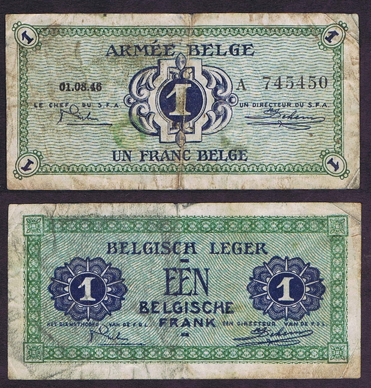 BELGIAN ARMY CURRENCY NOTE for ONE FRANC of AUGUST 1, 1946 BILINGUAL (FRENCH & FLEMISH)