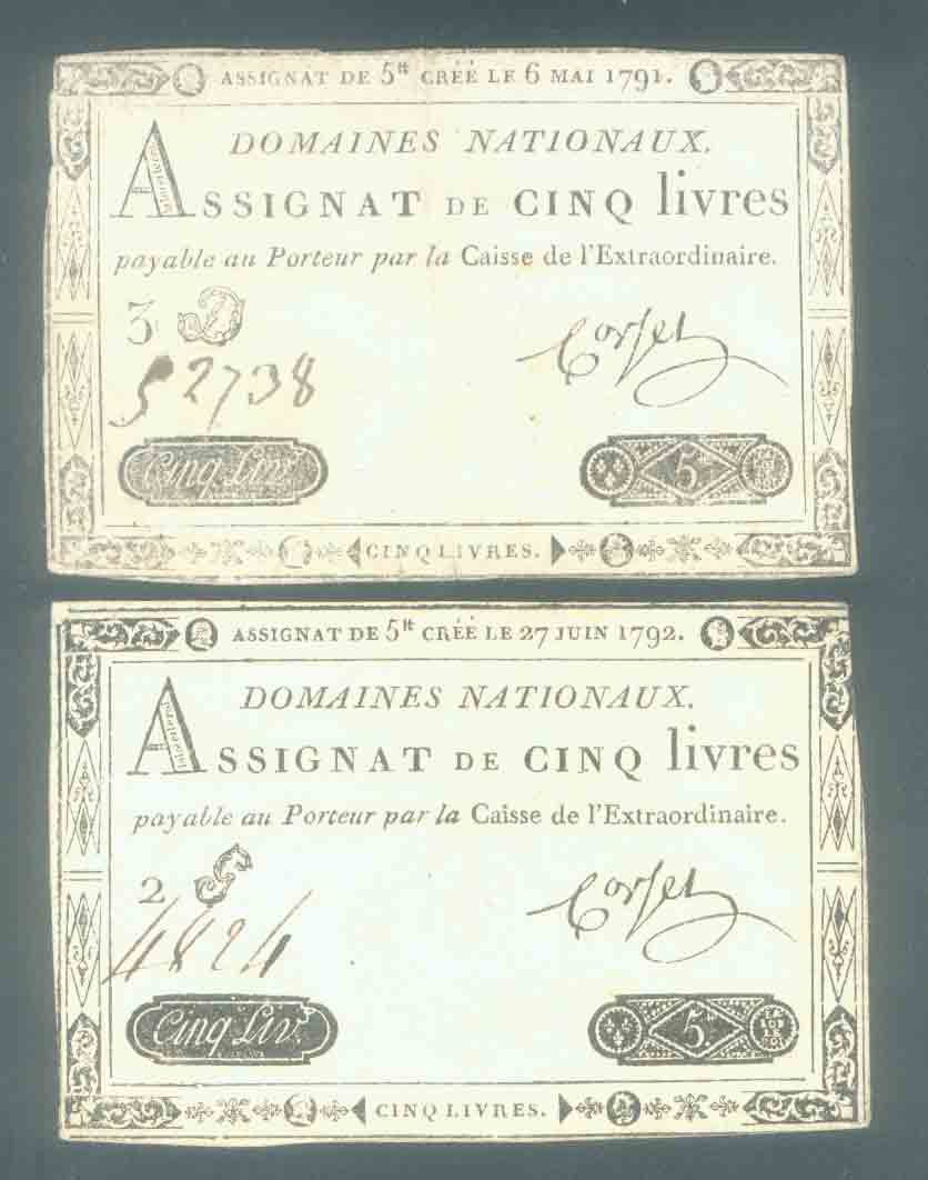 PAIR of ROYAL EMBOSSED ASSIGNATS in 5 LIVRES VALUE YEARS 1791 & 1792
