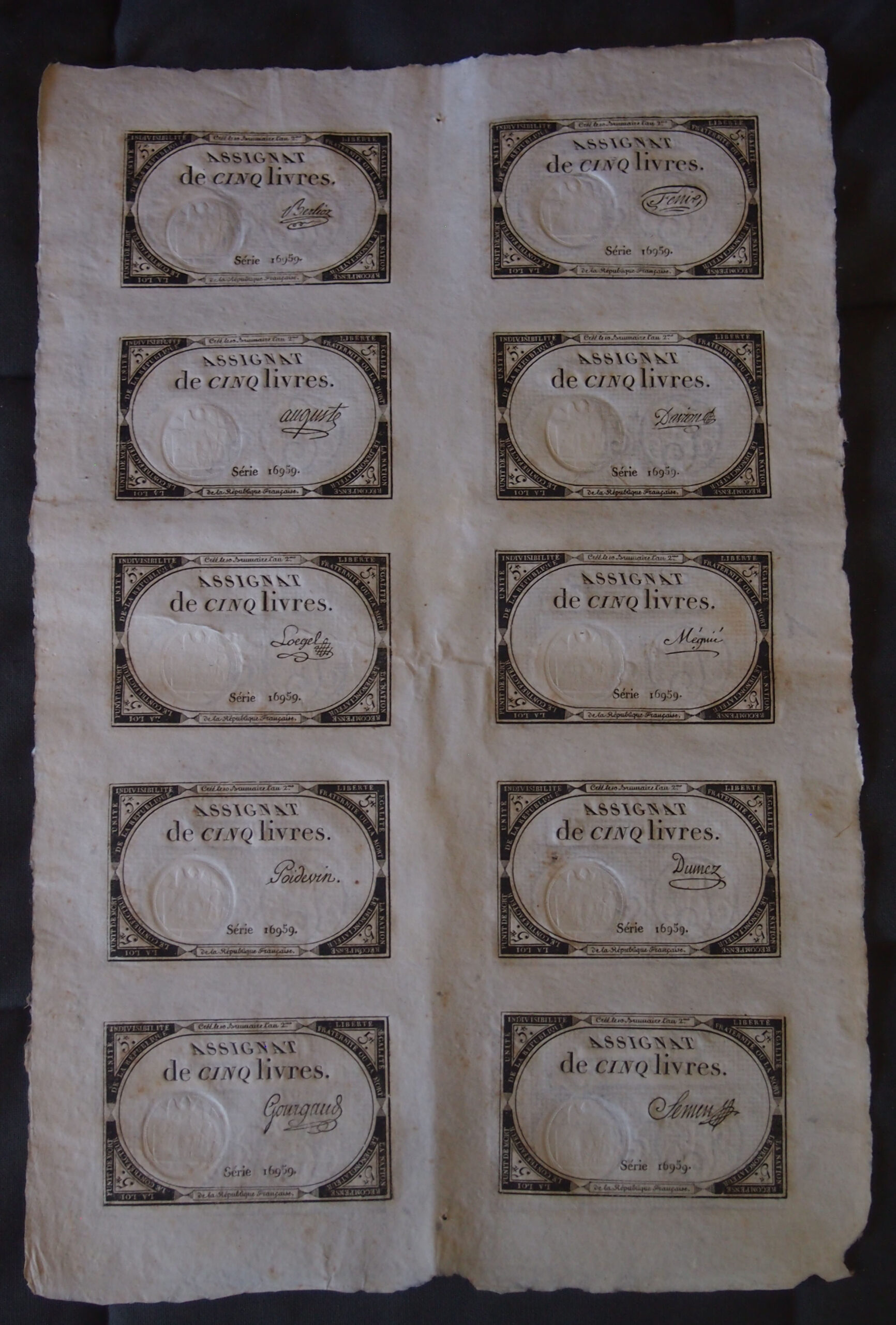 1793 - COINCIDENCE of DATE; FULL SHEET of 10 REVOLUTIONARY WATERMARKED ASSIGNATS with EMBOSSING 5 LIVRES of 1793