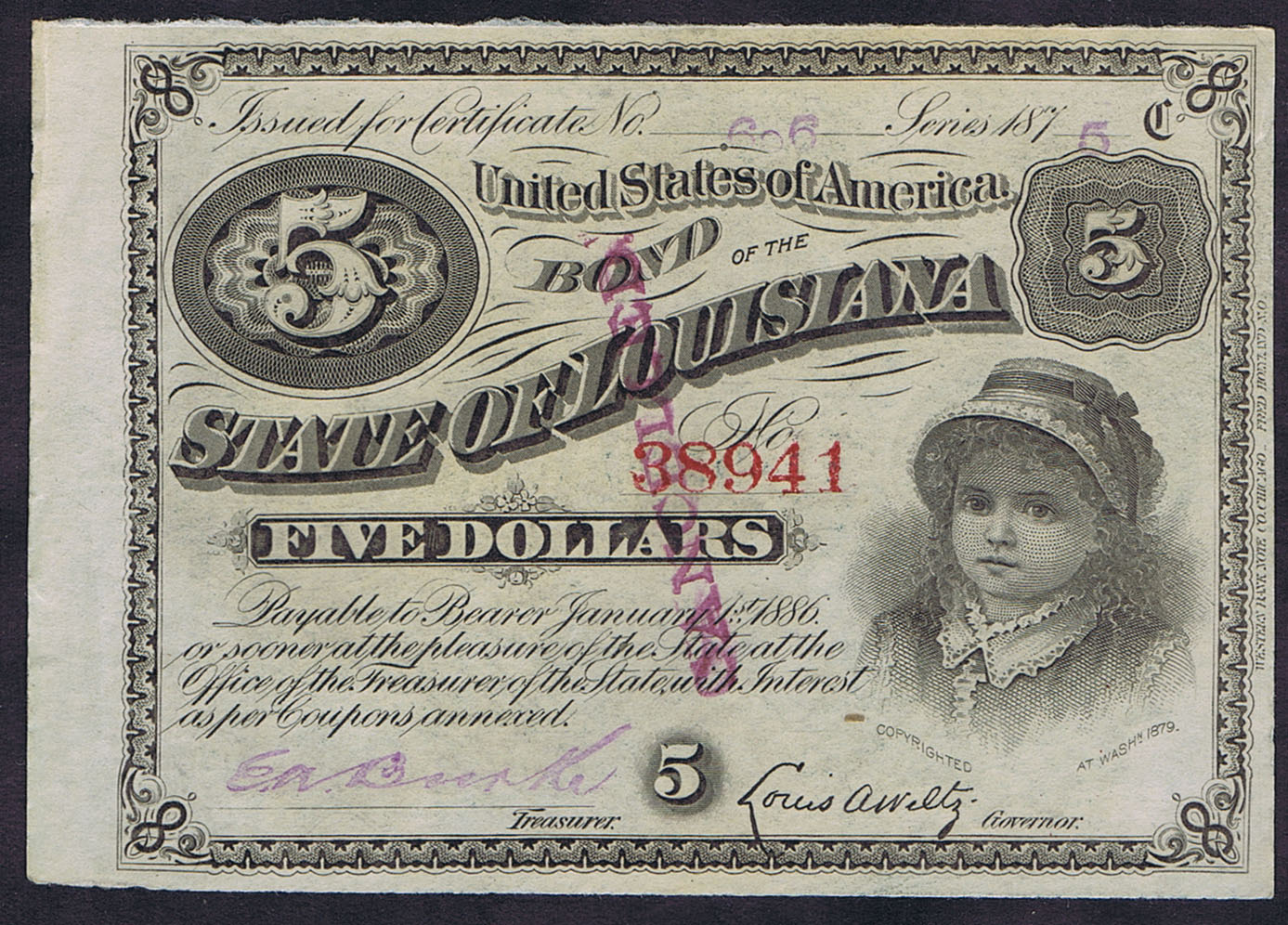 BATTLE of LIBERTY PLACE, E.A. BURKE SIGNED BABY BONDS of THE 1870's - CANCELLED